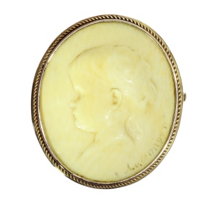 Ivory Portrait Cameo Brooch Signed A. v. Dongen in Gold, c.1900